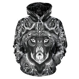 Wolf Graphic Hoodie Sweatshirt Festival All Over Print Women XS Black White‎